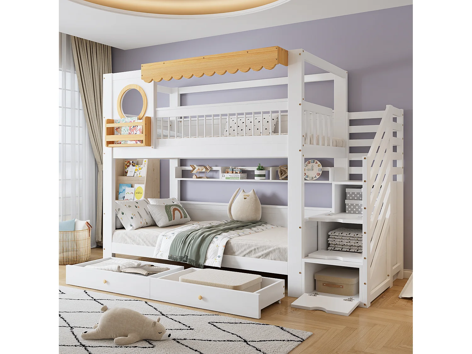 Børnekøjeseng - 2 x 90 x 200 cm - med 2 skuffer + opbevaringsstige - fyr + MDF - hvid + natur