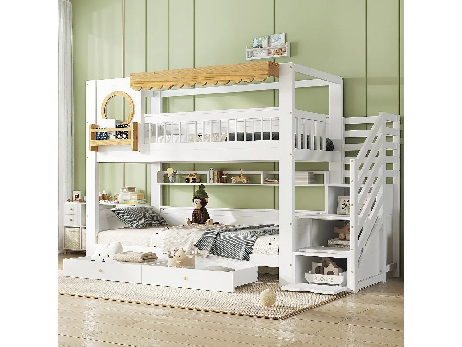 Børnekøjeseng - 2 x 90 x 200 cm - med 2 skuffer + opbevaringsstige - fyr + MDF - hvid + natur