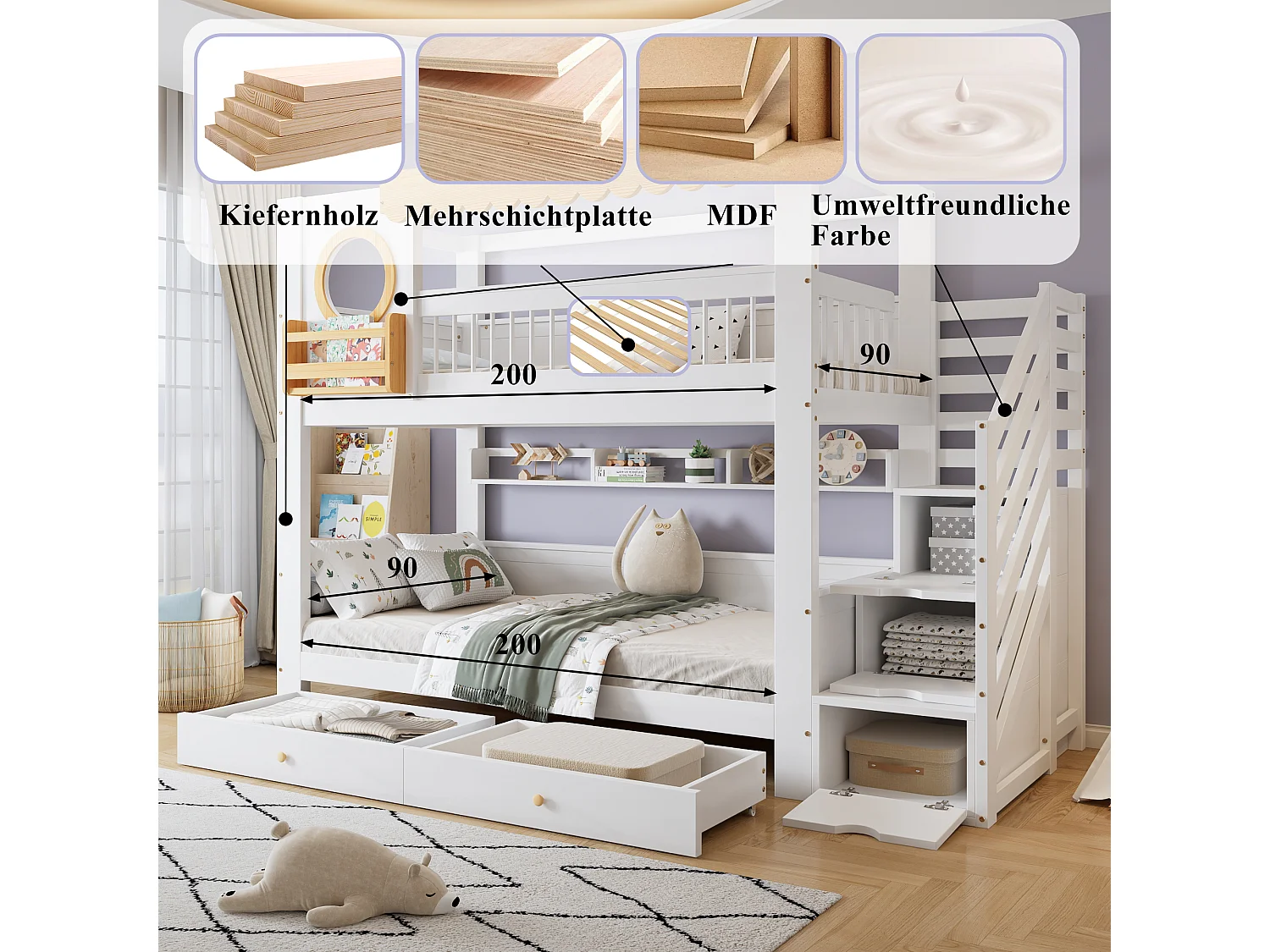 Børnekøjeseng - 2 x 90 x 200 cm - med 2 skuffer + opbevaringsstige - fyr + MDF - hvid + natur