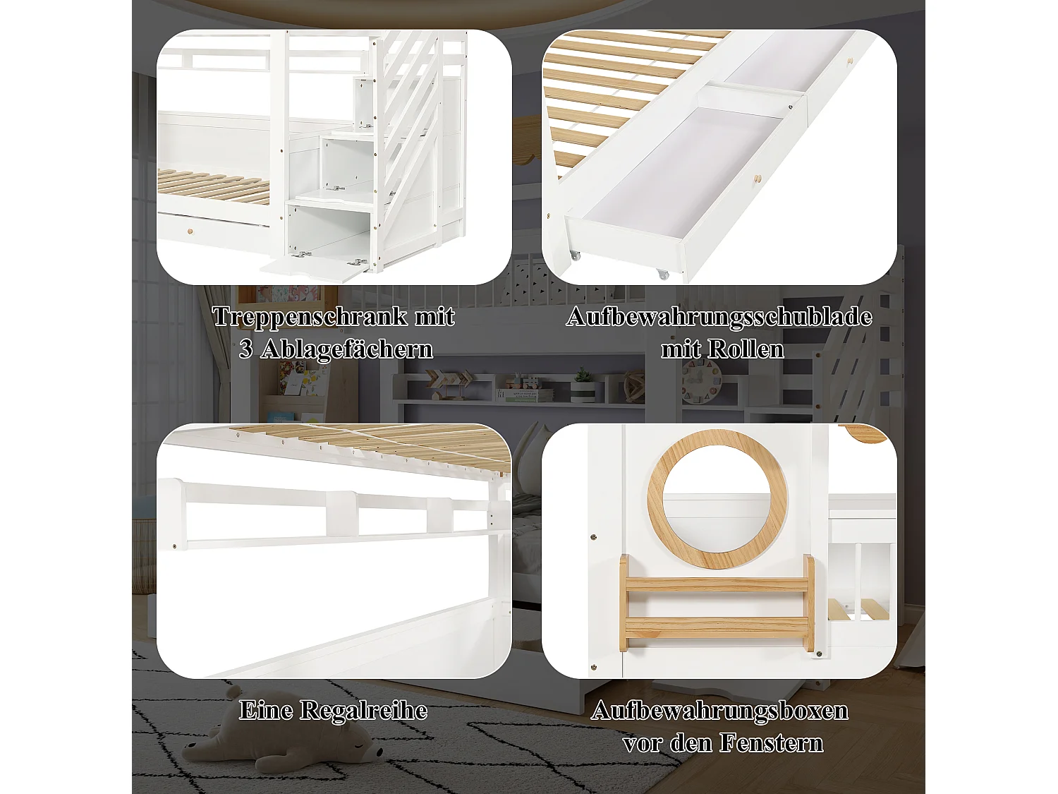 Børnekøjeseng - 2 x 90 x 200 cm - med 2 skuffer + opbevaringsstige - fyr + MDF - hvid + natur