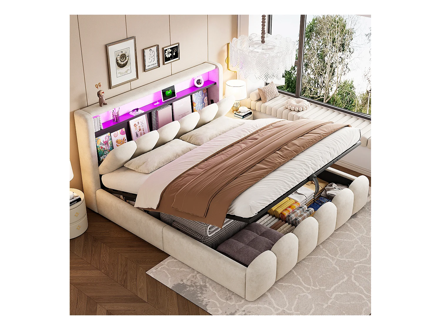 Lit coffre hydraulique rembourré - 180 x 200 cm - tête de lit avec rangement - avec USB + Leds - velours - beige