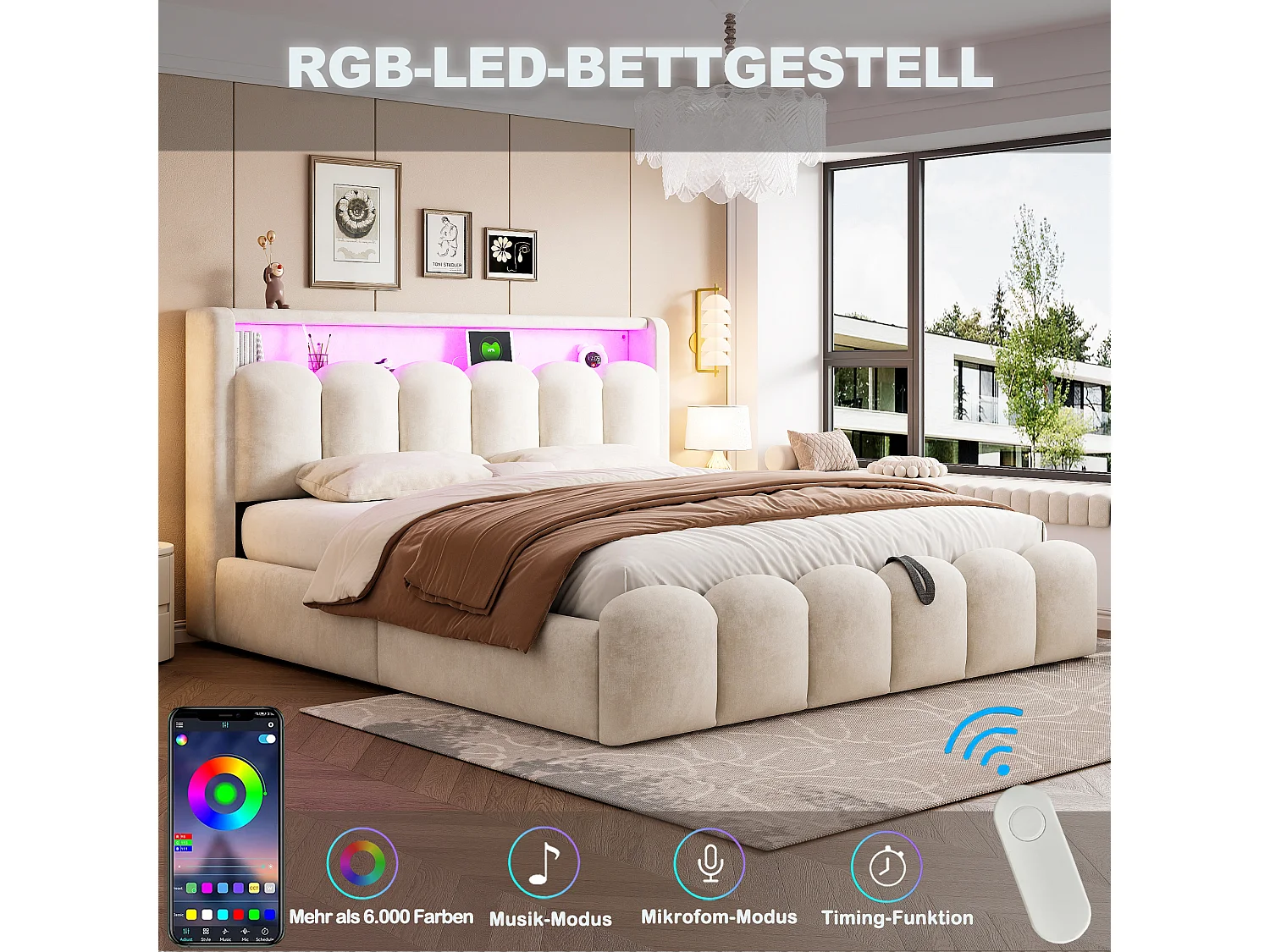 Lit coffre hydraulique rembourré - 180 x 200 cm - tête de lit avec rangement - avec USB + Leds - velours - beige