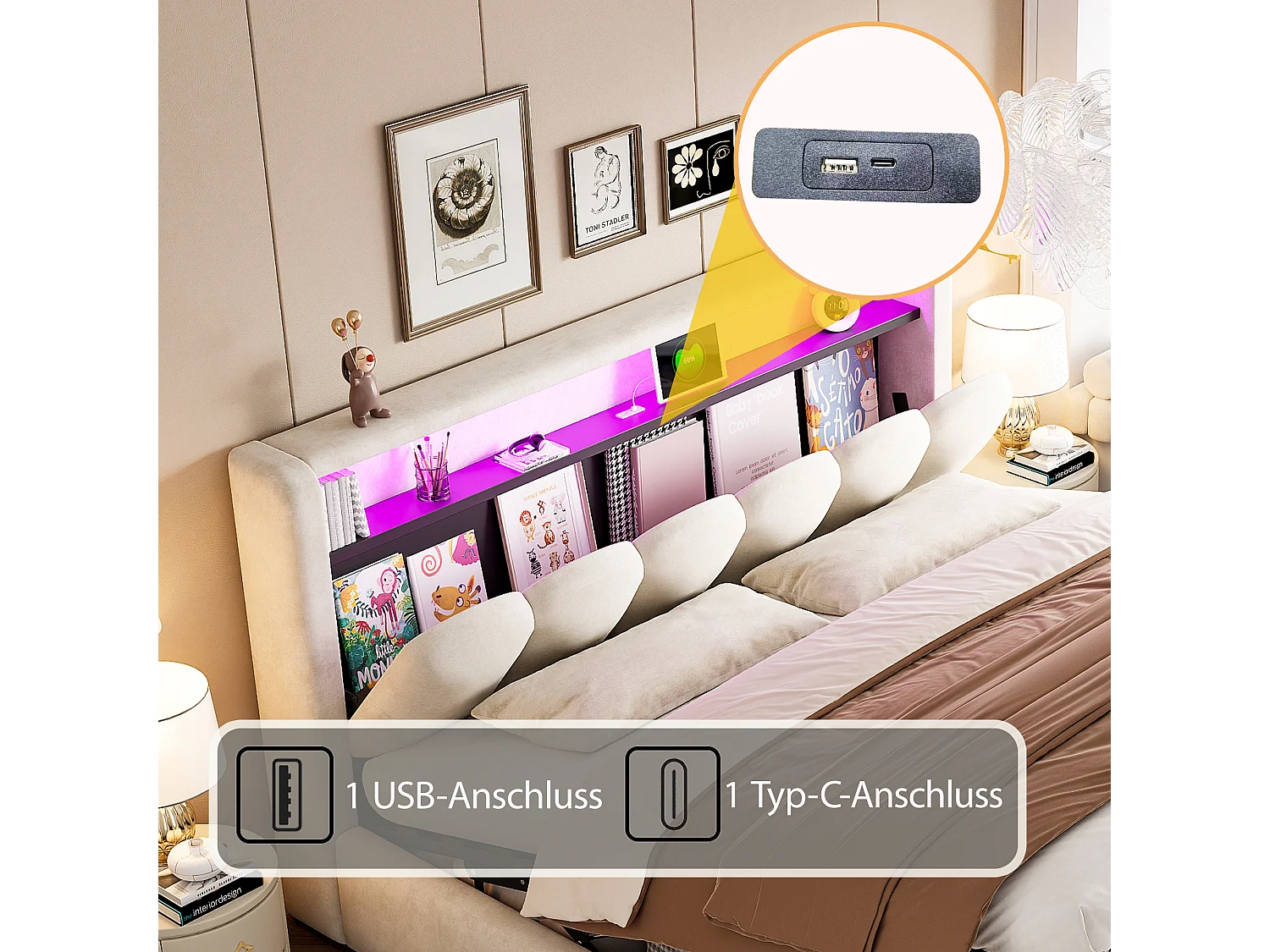 Lit coffre hydraulique rembourré - 180 x 200 cm - tête de lit avec rangement - avec USB + Leds - velours - beige