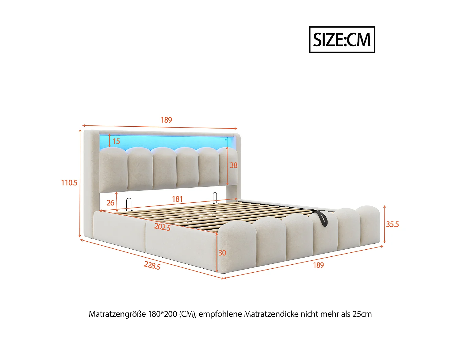 Lit coffre hydraulique rembourré - 180 x 200 cm - tête de lit avec rangement - avec USB + Leds - velours - beige