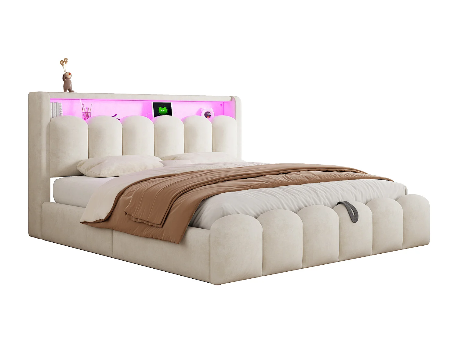 Lit coffre hydraulique rembourré - 180 x 200 cm - tête de lit avec rangement - avec USB + Leds - velours - beige