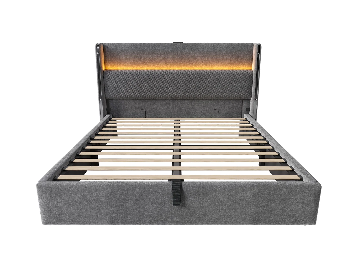 Lit coffre rembourré 140x200cm - avec éclairage LED - avec ports USB et Type-C - tissu en Lin - Gris (sans matelas)