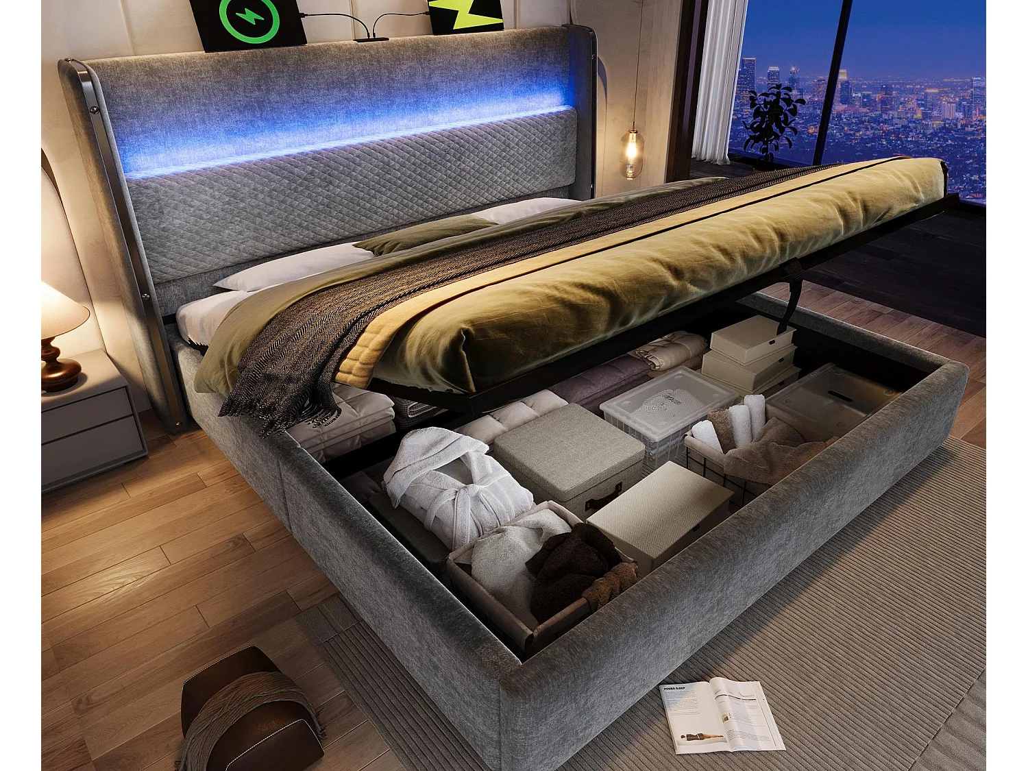 Lit coffre rembourré 140x200cm - avec éclairage LED - avec ports USB et Type-C - tissu en Lin - Gris (sans matelas)