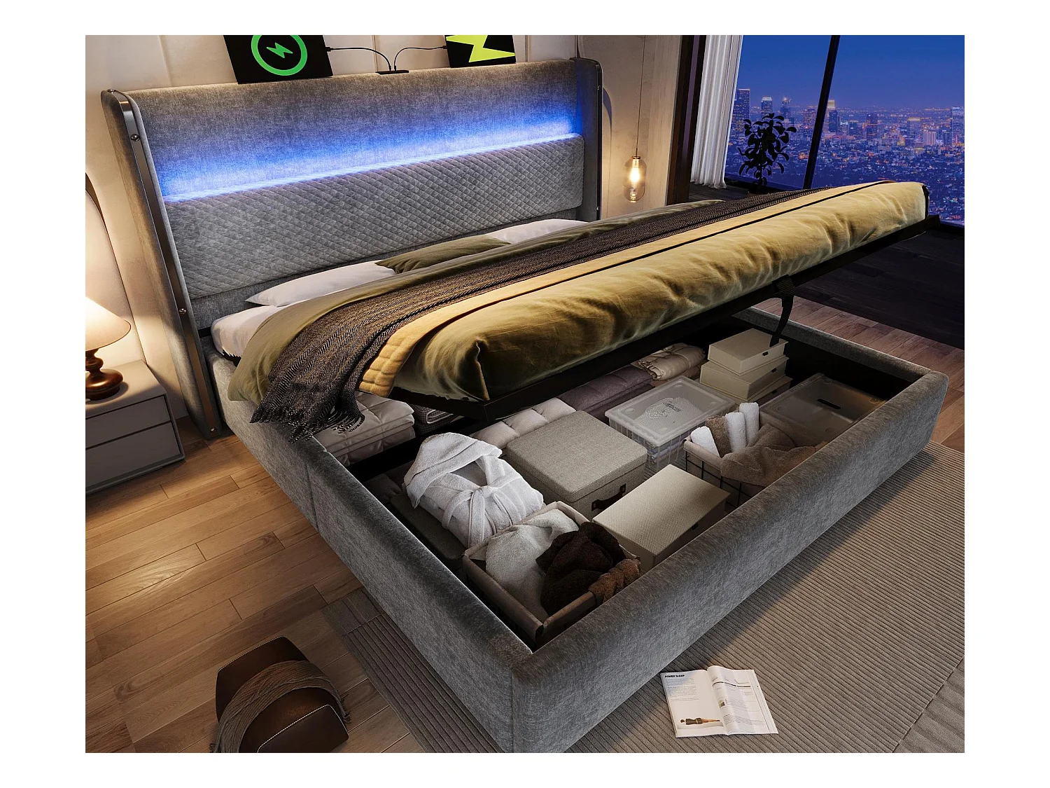 Lit coffre rembourré 160x200cm - avec éclairage LED - avec ports USB et Type-C - tissu en Lin - Gris (sans matelas)