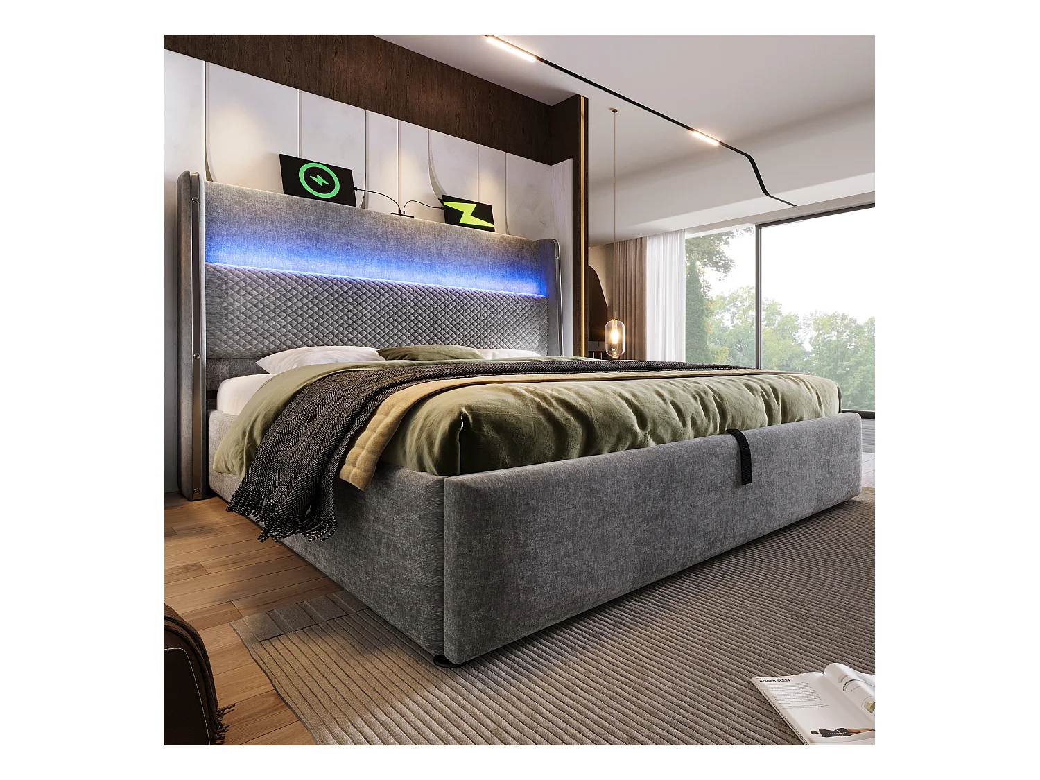 Lit coffre rembourré 160x200cm - avec éclairage LED - avec ports USB et Type-C - tissu en Lin - Gris (sans matelas)