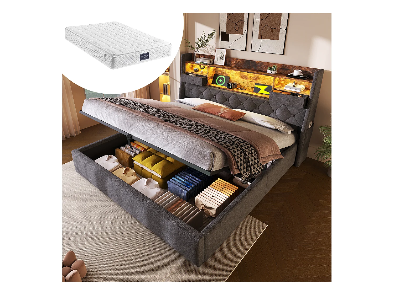 Lit coffre rembourré - 160 x 200 cm - tête de lit Leds + 4 stations de charge (USB/Type-C) - lin - gris(avec matelas)