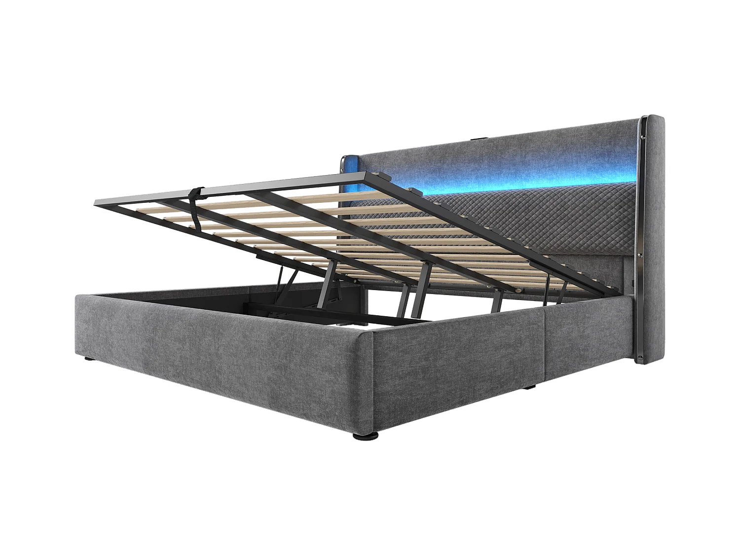 Lit coffre rembourré 180x200cm - avec éclairage LED - avec ports USB et Type-C - tissu en Lin - Gris (sans matelas)