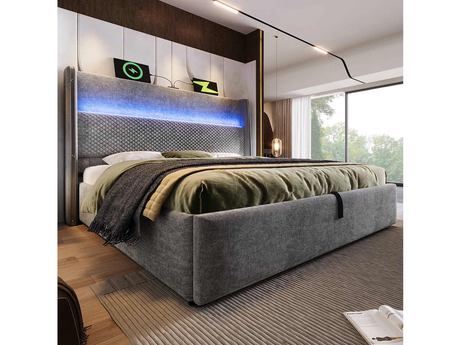 Lit coffre rembourré 180x200cm - avec éclairage LED - avec ports USB et Type-C - tissu en Lin - Gris (sans matelas)