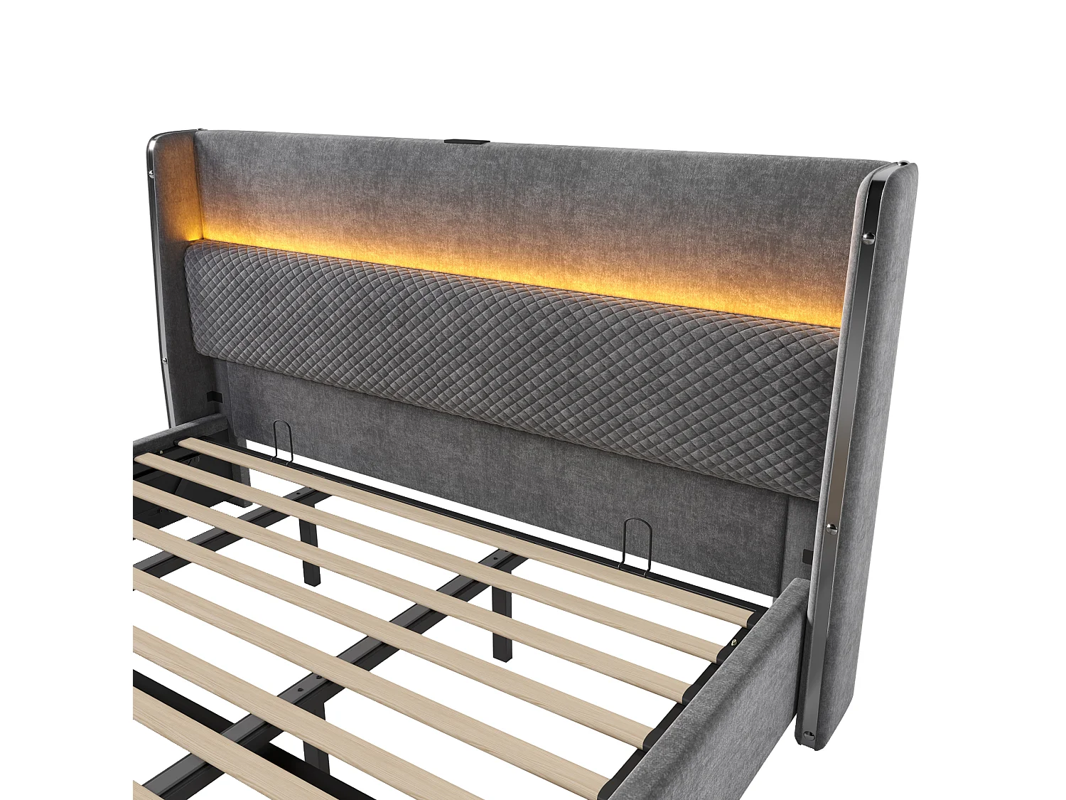 Lit coffre rembourré 180x200cm - avec éclairage LED - avec ports USB et Type-C - tissu en Lin - Gris (sans matelas)