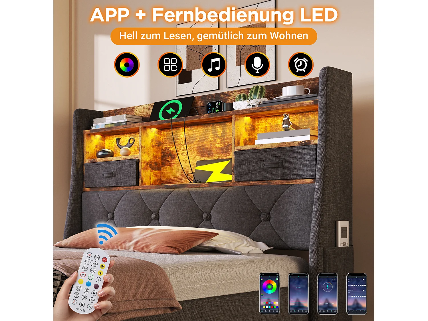 Lit coffre rembourré - 90 x 200 cm - tête de lit Leds + 4 stations de charge (USB/Type-C) - lin - gris(avec matelas)
