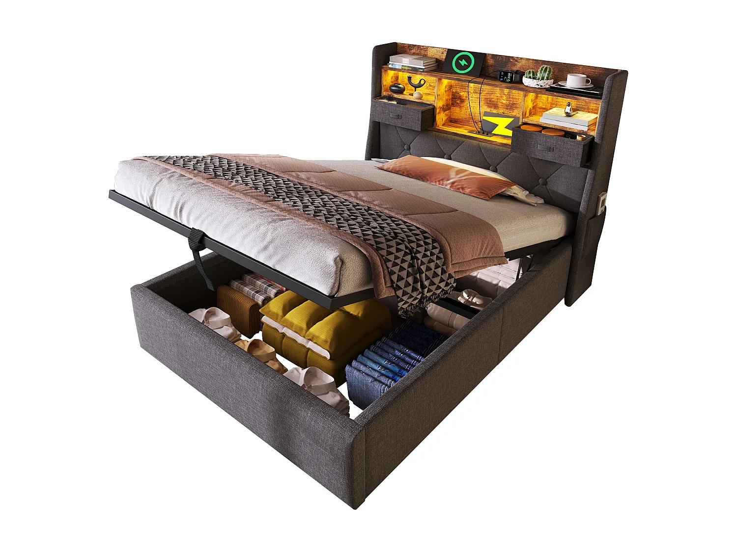 Lit coffre rembourré - 90 x 200 cm - tête de lit Leds + 4 stations de charge (USB/Type-C) - lin - gris(avec matelas)