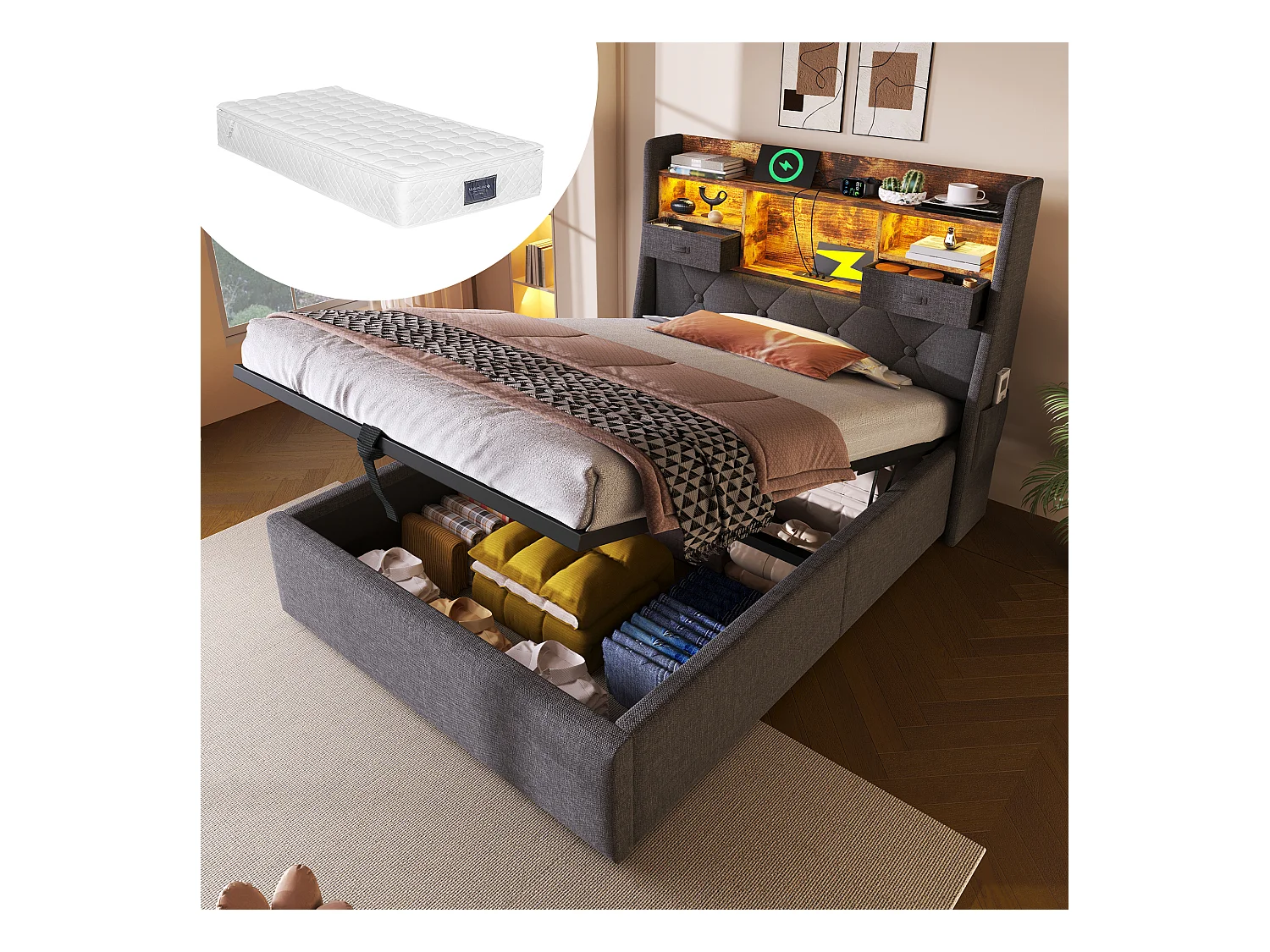 Lit coffre rembourré - 90 x 200 cm - tête de lit Leds + 4 stations de charge (USB/Type-C) - lin - gris(avec matelas)