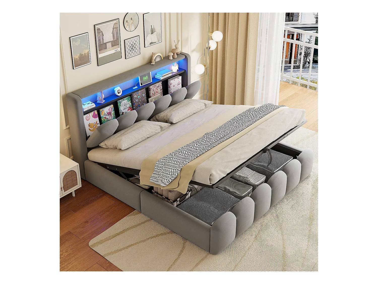 Lit coffre hydraulique rembourré - 180 x 200 cm - tête de lit avec rangement - avec USB + Leds - velours - gris