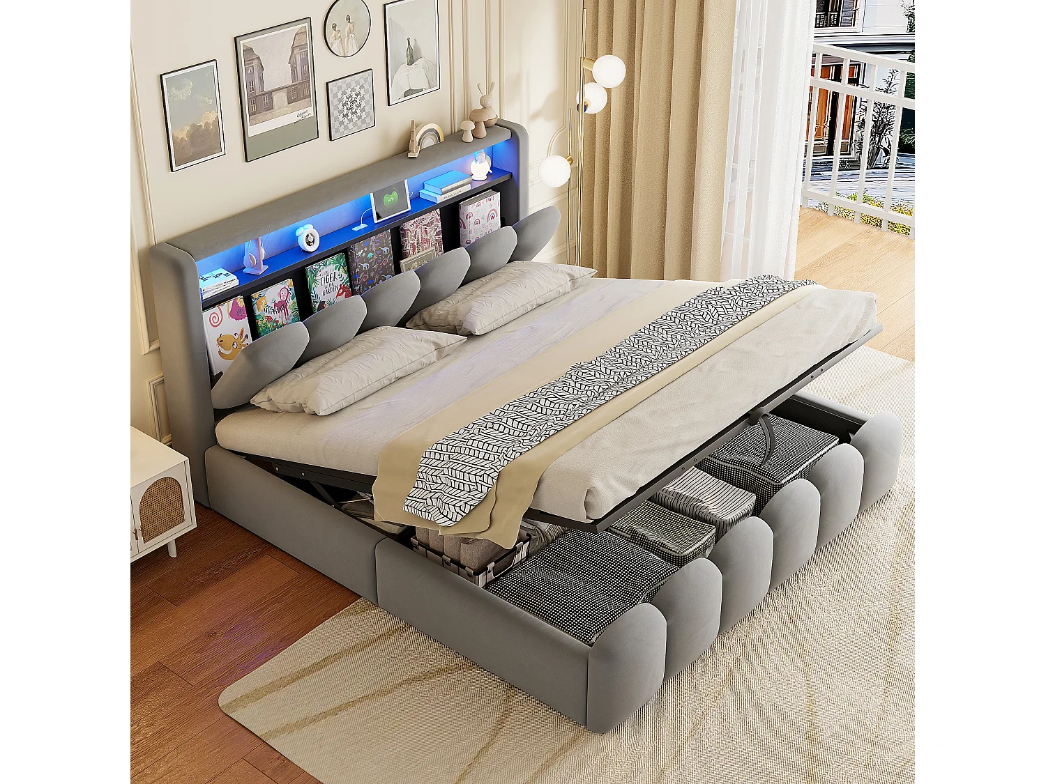 Lit coffre hydraulique rembourré - 180 x 200 cm - tête de lit avec rangement - avec USB + Leds - velours - gris