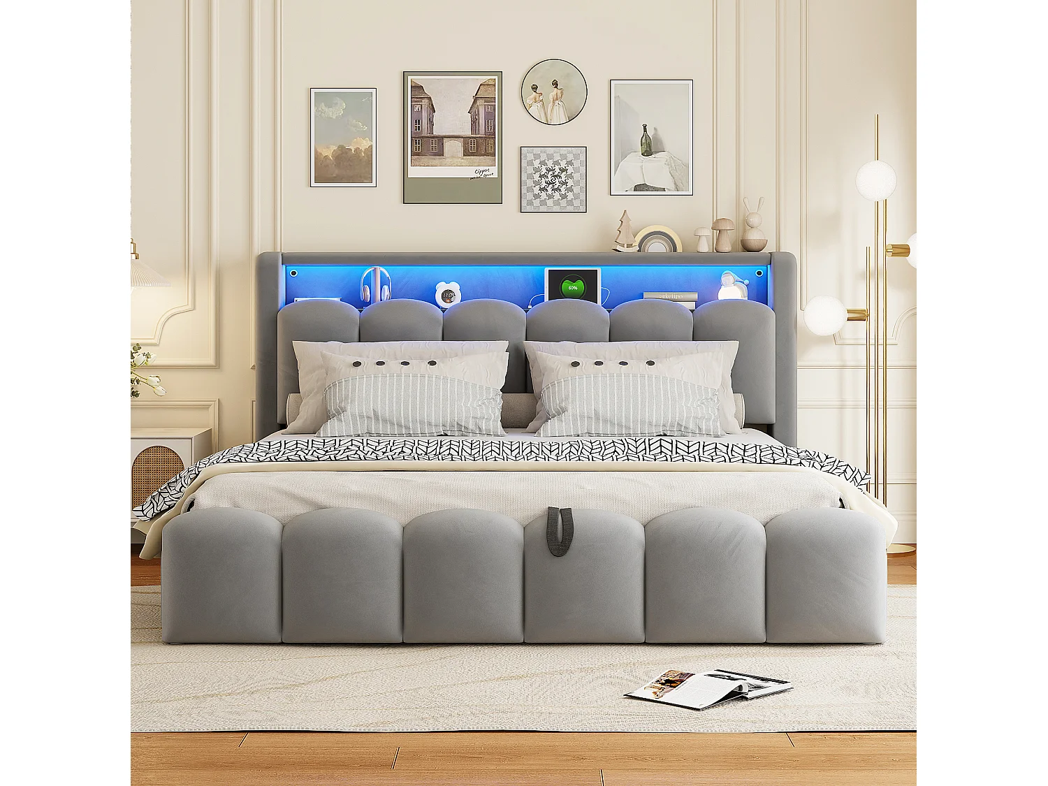 Lit coffre hydraulique rembourré - 180 x 200 cm - tête de lit avec rangement - avec USB + Leds - velours - gris