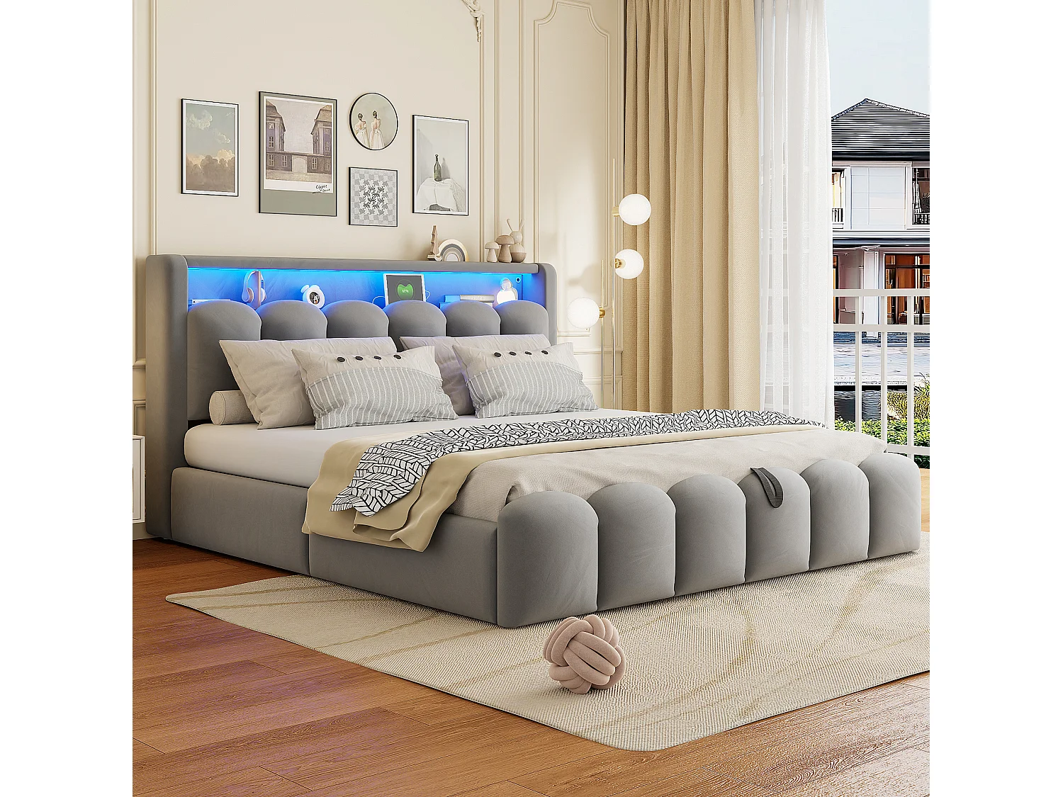 Lit coffre hydraulique rembourré - 180 x 200 cm - tête de lit avec rangement - avec USB + Leds - velours - gris