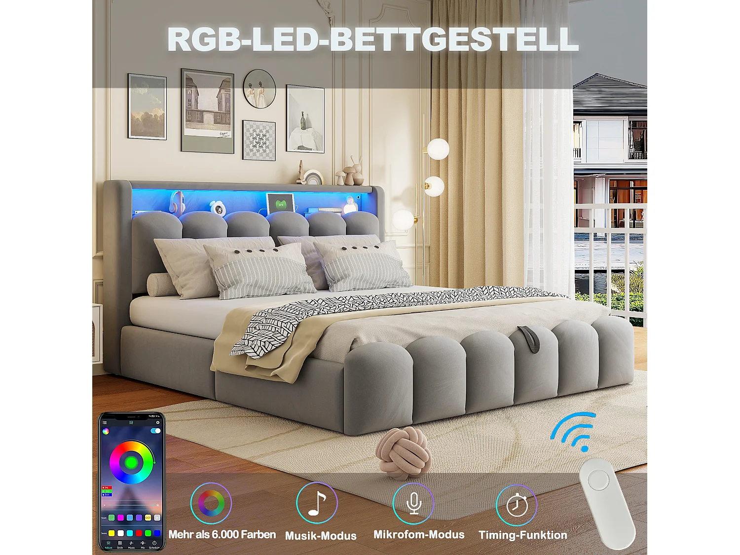 Lit coffre hydraulique rembourré - 180 x 200 cm - tête de lit avec rangement - avec USB + Leds - velours - gris