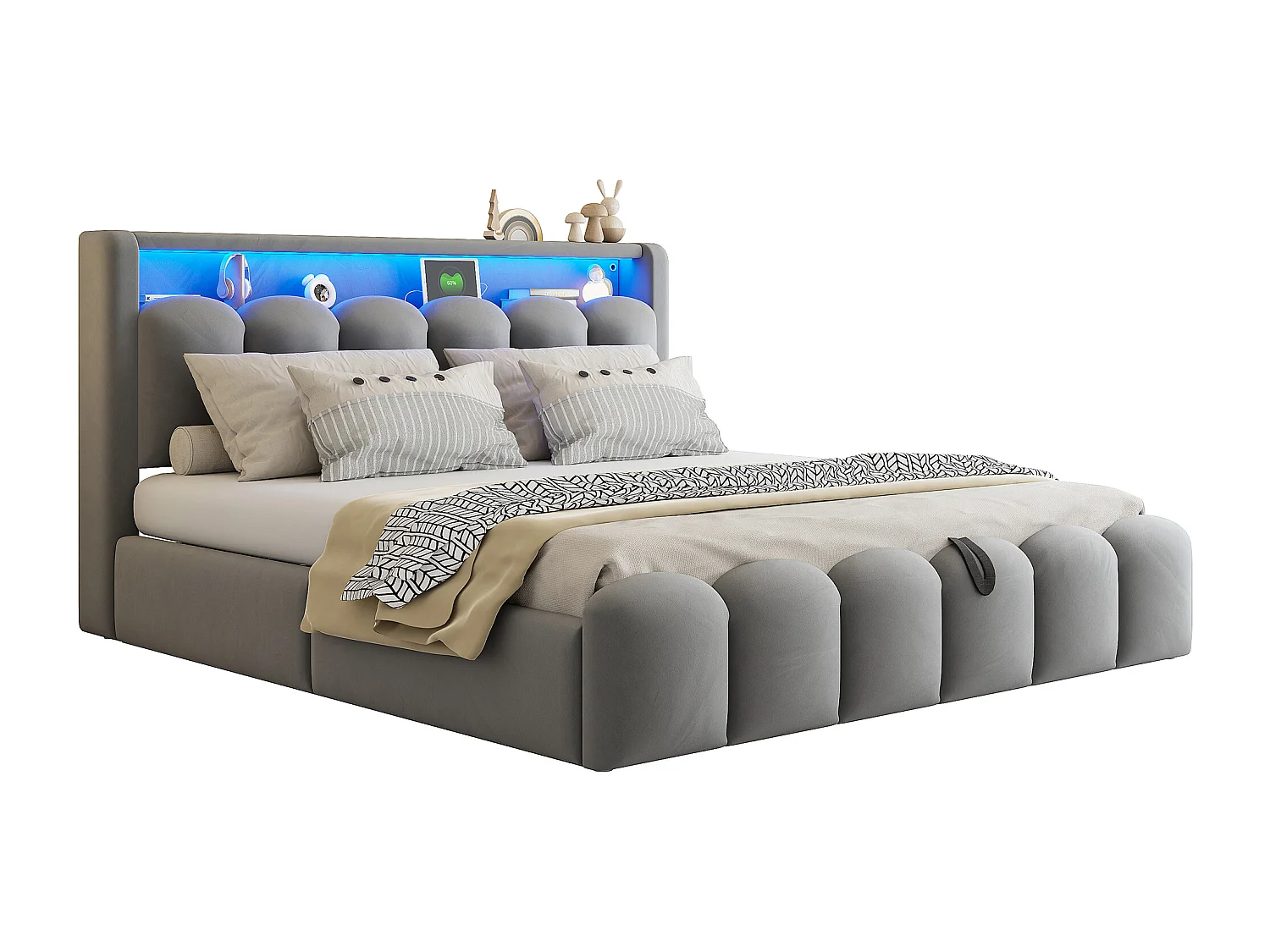 Lit coffre hydraulique rembourré - 180 x 200 cm - tête de lit avec rangement - avec USB + Leds - velours - gris