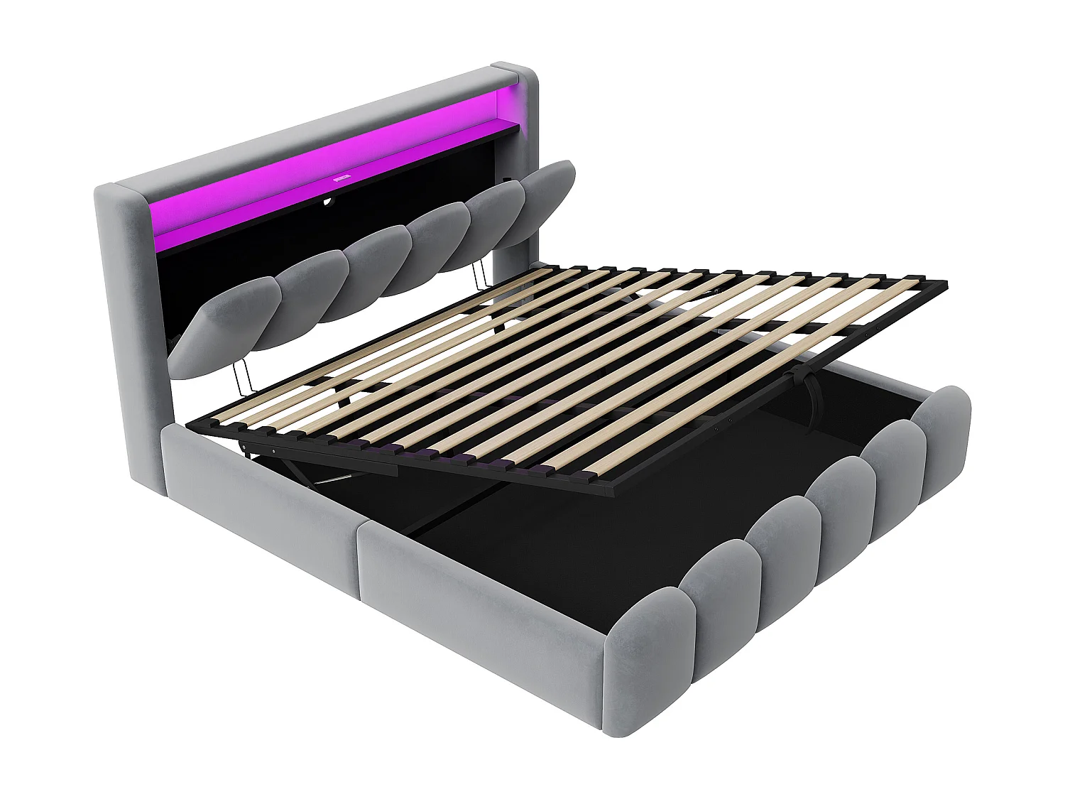 Lit coffre hydraulique rembourré - 180 x 200 cm - tête de lit avec rangement - avec USB + Leds - velours - gris