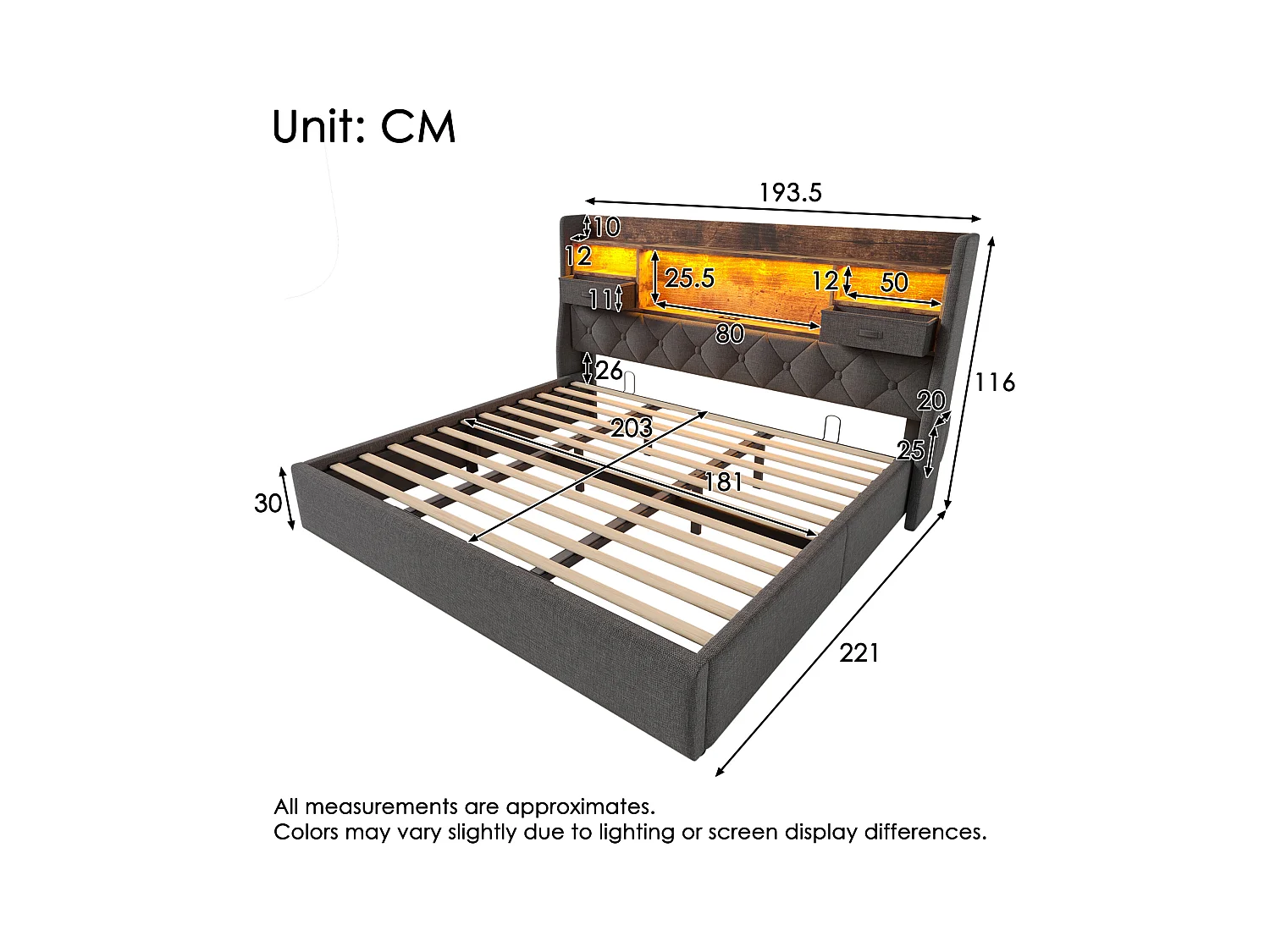 Lit coffre rembourré - 180 x 200 cm - tête de lit Leds + 4 stations de charge (USB/Type-C) - lin - gris