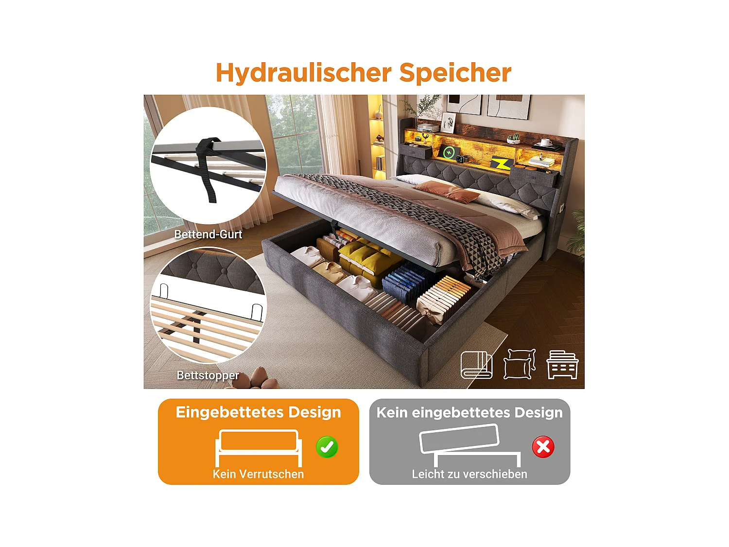 Lit coffre rembourré - 180 x 200 cm - tête de lit Leds + 4 stations de charge (USB/Type-C) - lin - gris