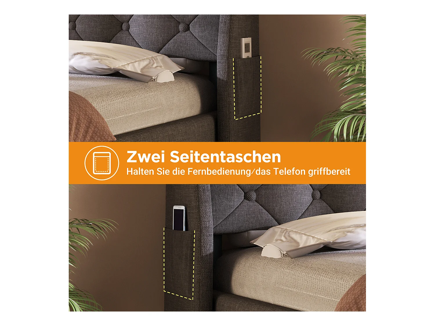 Lit coffre rembourré - 180 x 200 cm - tête de lit Leds + 4 stations de charge (USB/Type-C) - lin - gris