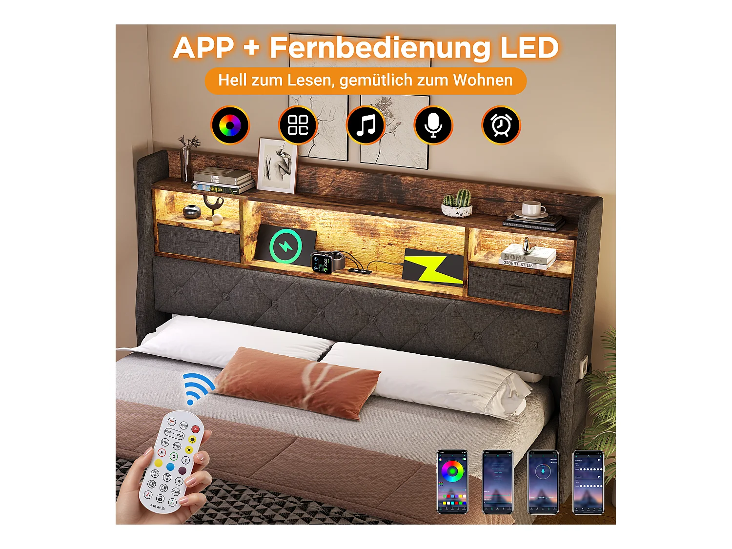 Lit coffre rembourré - 180 x 200 cm - tête de lit Leds + 4 stations de charge (USB/Type-C) - lin - gris