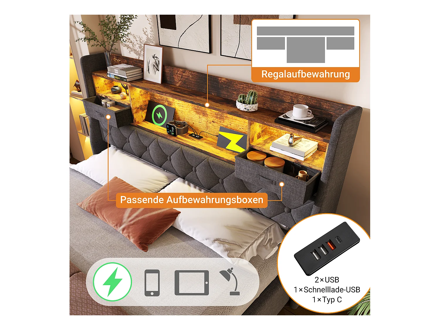 Lit coffre rembourré - 180 x 200 cm - tête de lit Leds + 4 stations de charge (USB/Type-C) - lin - gris