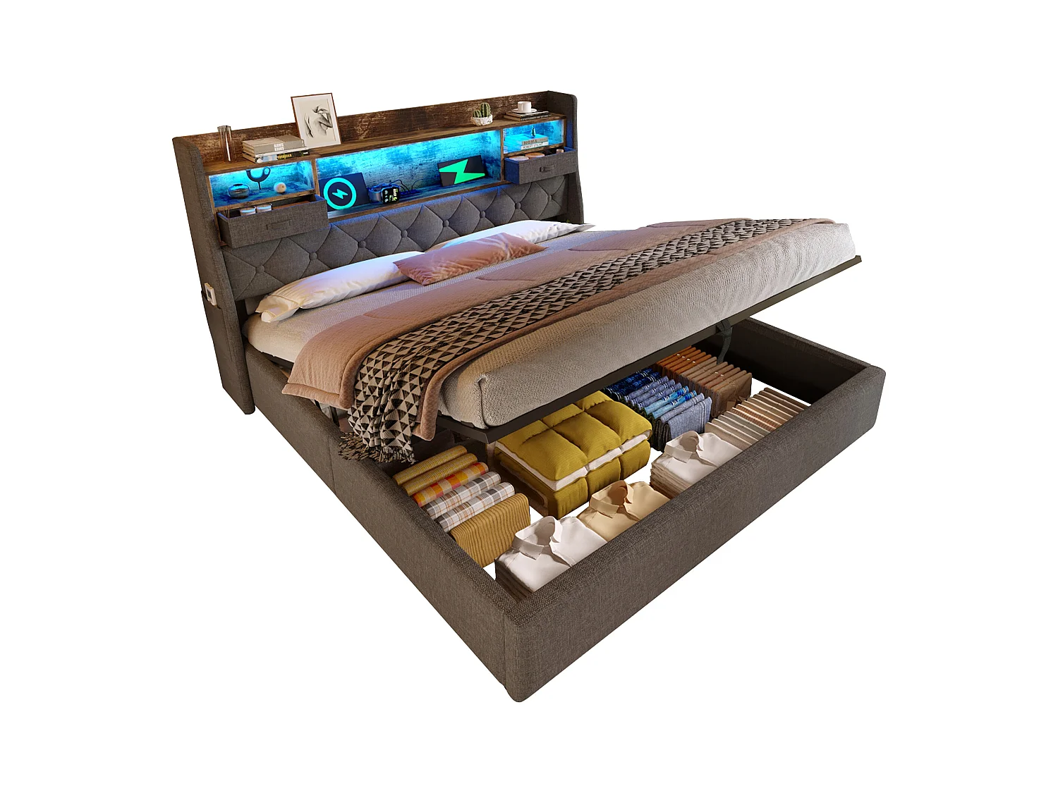 Lit coffre rembourré - 180 x 200 cm - tête de lit Leds + 4 stations de charge (USB/Type-C) - lin - gris