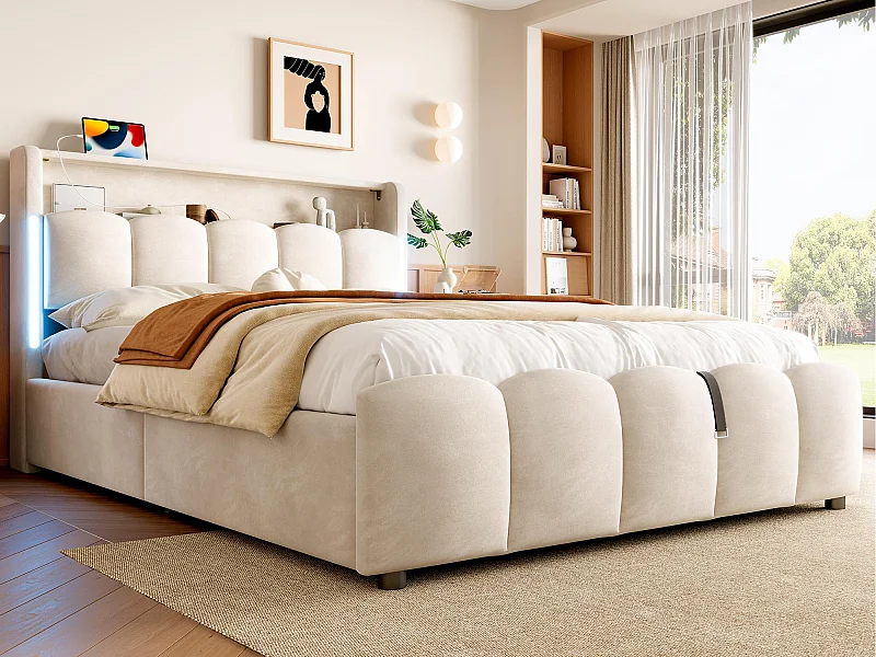 Tapicerowane łóżko z pojemnikiem 140x200 cm - z oświetleniem LED - z portami USB + Type-C - welur - beżowy (materac nie jest dołączony)