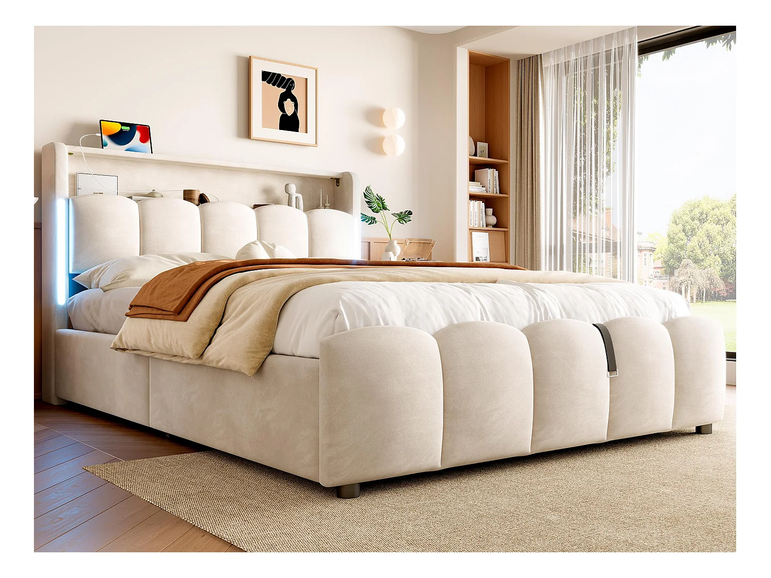 Lit coffre rembourré 140x200 cm - avec éclairage LED - avec ports USB + Type-C - velours - beige (matelas non inclus)
