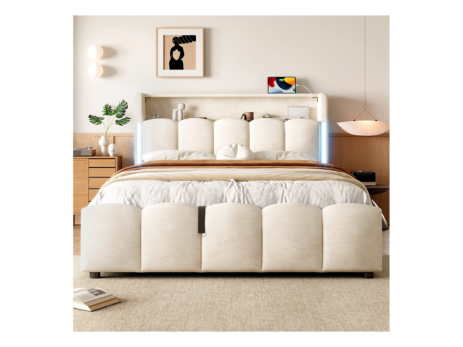 Lit coffre rembourré 140x200 cm - avec éclairage LED - avec ports USB + Type-C - velours - beige (matelas non inclus)