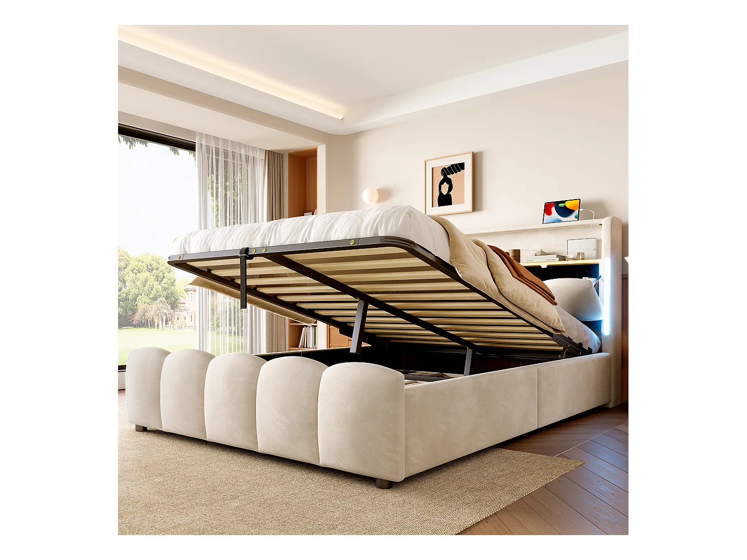 Lit coffre rembourré 140x200 cm - avec éclairage LED - avec ports USB + Type-C - velours - beige (matelas non inclus)
