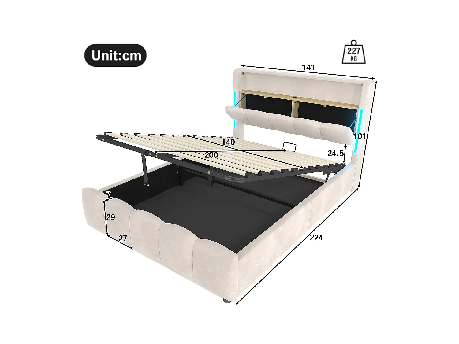 Lit coffre rembourré 140x200 cm - avec éclairage LED - avec ports USB + Type-C - velours - beige (matelas non inclus)