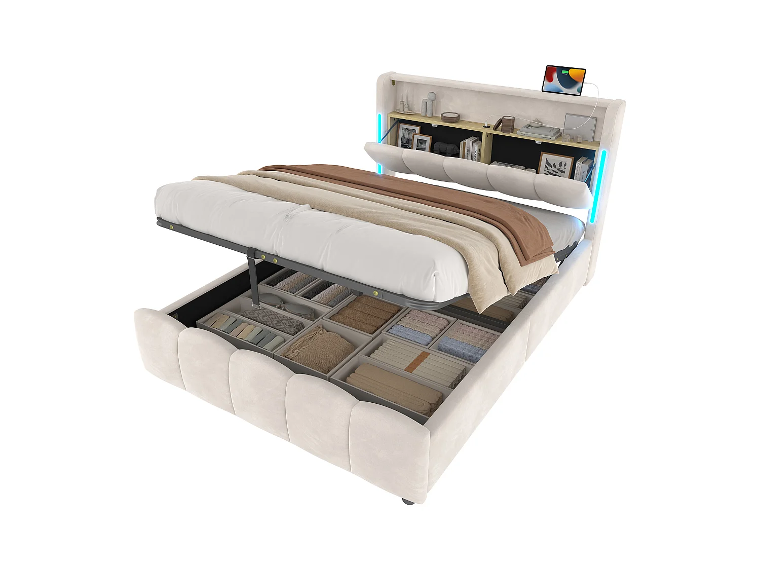 Lit coffre rembourré 140x200 cm - avec éclairage LED - avec ports USB + Type-C - velours - beige (matelas non inclus)