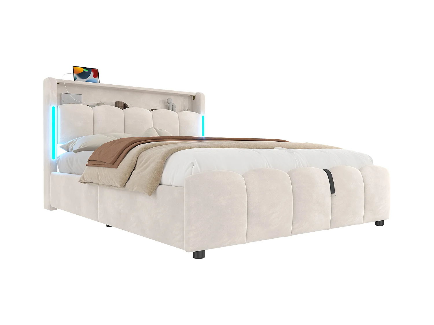 Lit coffre rembourré 140x200 cm - avec éclairage LED - avec ports USB + Type-C - velours - beige (matelas non inclus)