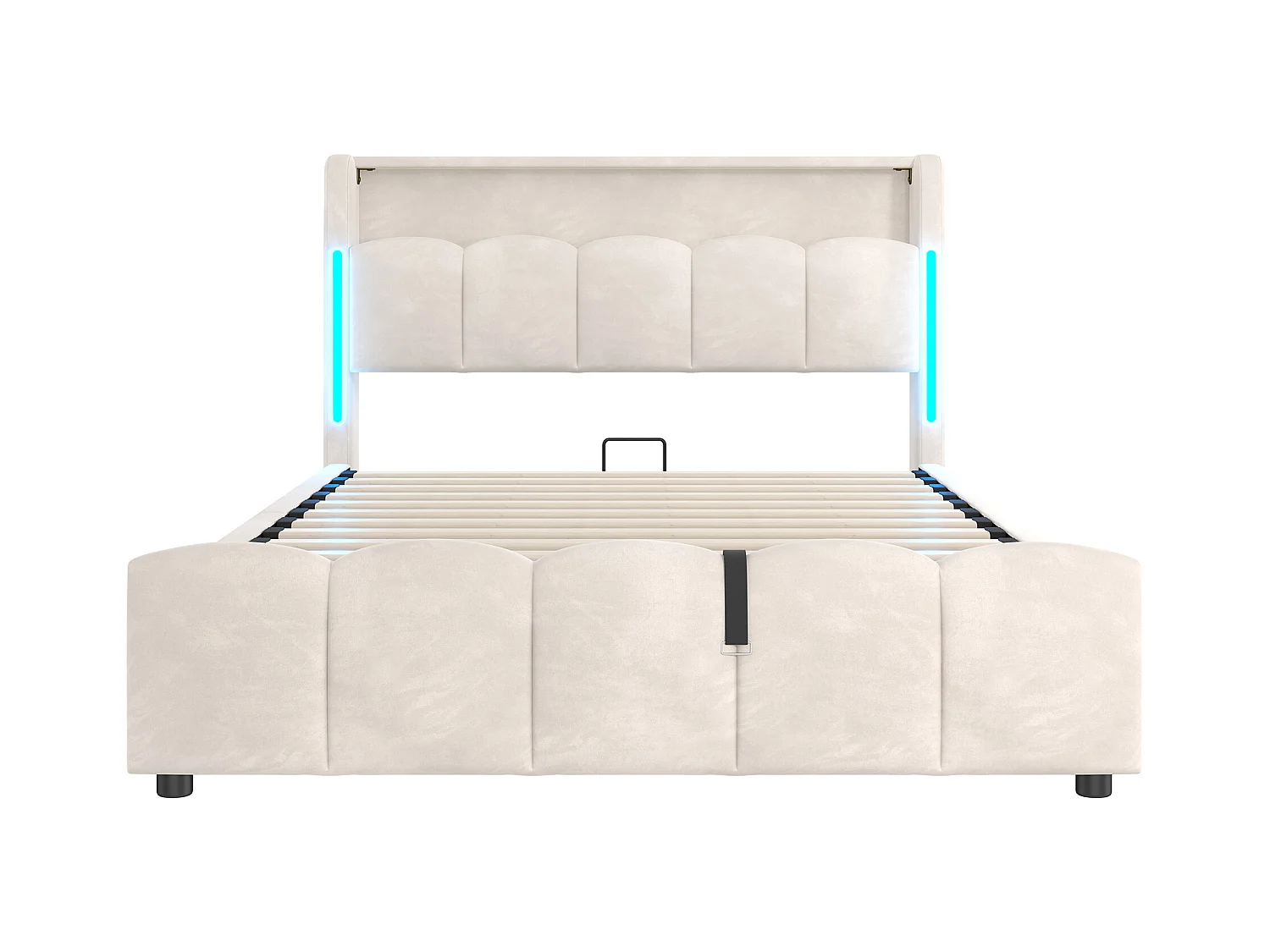 Lit coffre rembourré 140x200 cm - avec éclairage LED - avec ports USB + Type-C - velours - beige (matelas non inclus)