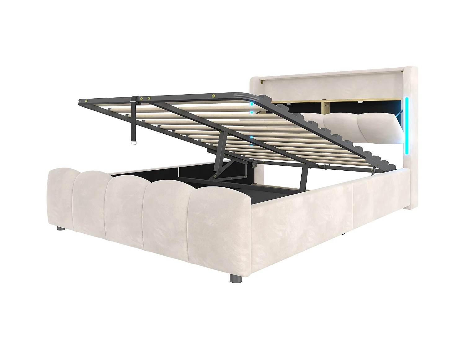 Lit coffre rembourré 140x200 cm - avec éclairage LED - avec ports USB + Type-C - velours - beige (matelas non inclus)