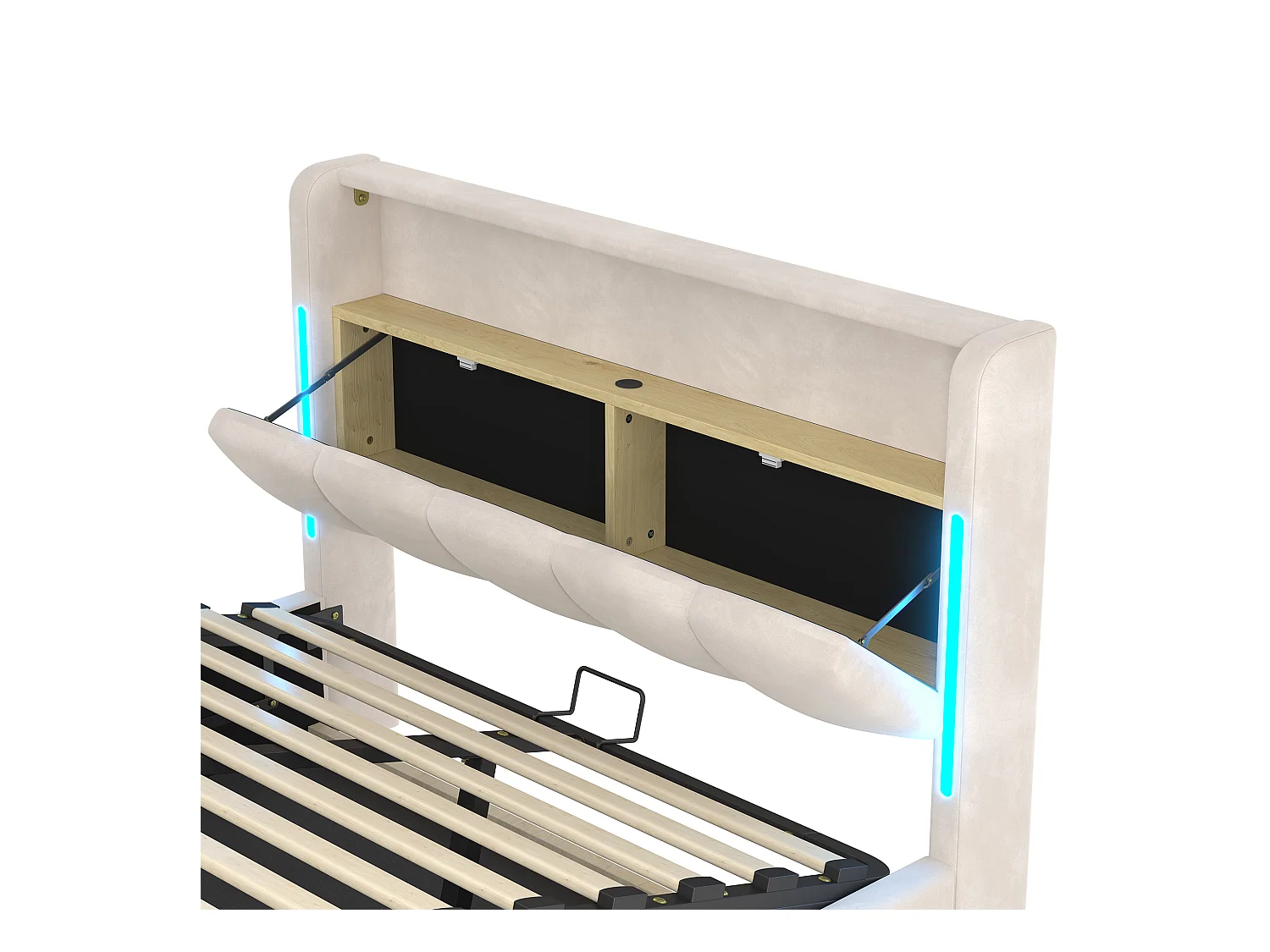Lit coffre rembourré 140x200 cm - avec éclairage LED - avec ports USB + Type-C - velours - beige (matelas non inclus)