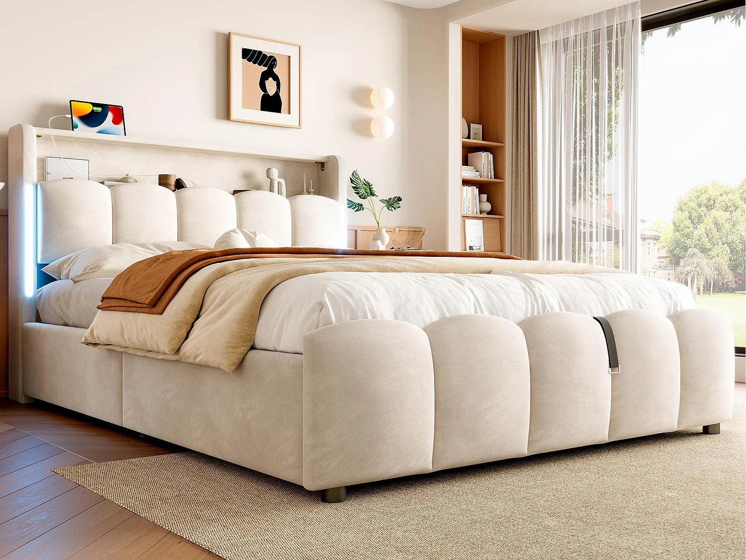 Lit coffre rembourré 140x200 cm - avec éclairage LED - avec ports USB + Type-C - velours - beige (matelas non inclus)