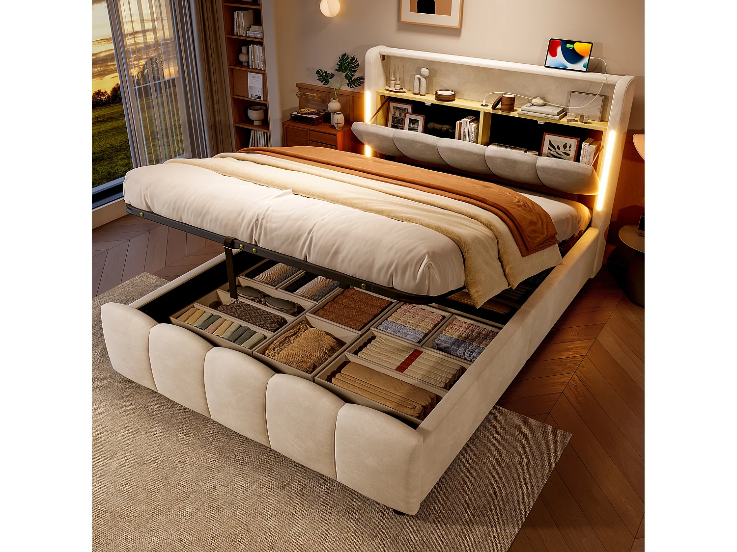 Lit coffre rembourré 140x200 cm - avec éclairage LED - avec ports USB + Type-C - velours - beige (matelas non inclus)