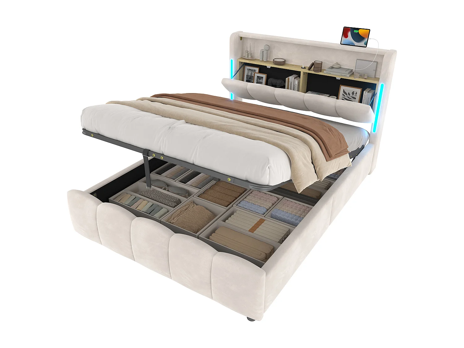 Lit coffre rembourré 140x200 cm - avec éclairage LED - avec ports USB + Type-C - velours - beige (matelas non inclus)