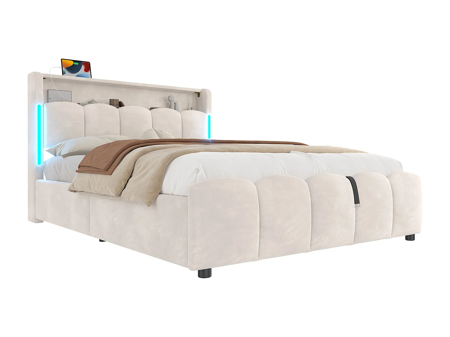 Lit coffre rembourré 140x200 cm - avec éclairage LED - avec ports USB + Type-C - velours - beige (matelas non inclus)