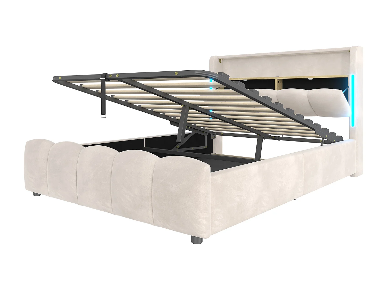 Lit coffre rembourré 140x200 cm - avec éclairage LED - avec ports USB + Type-C - velours - beige (matelas non inclus)