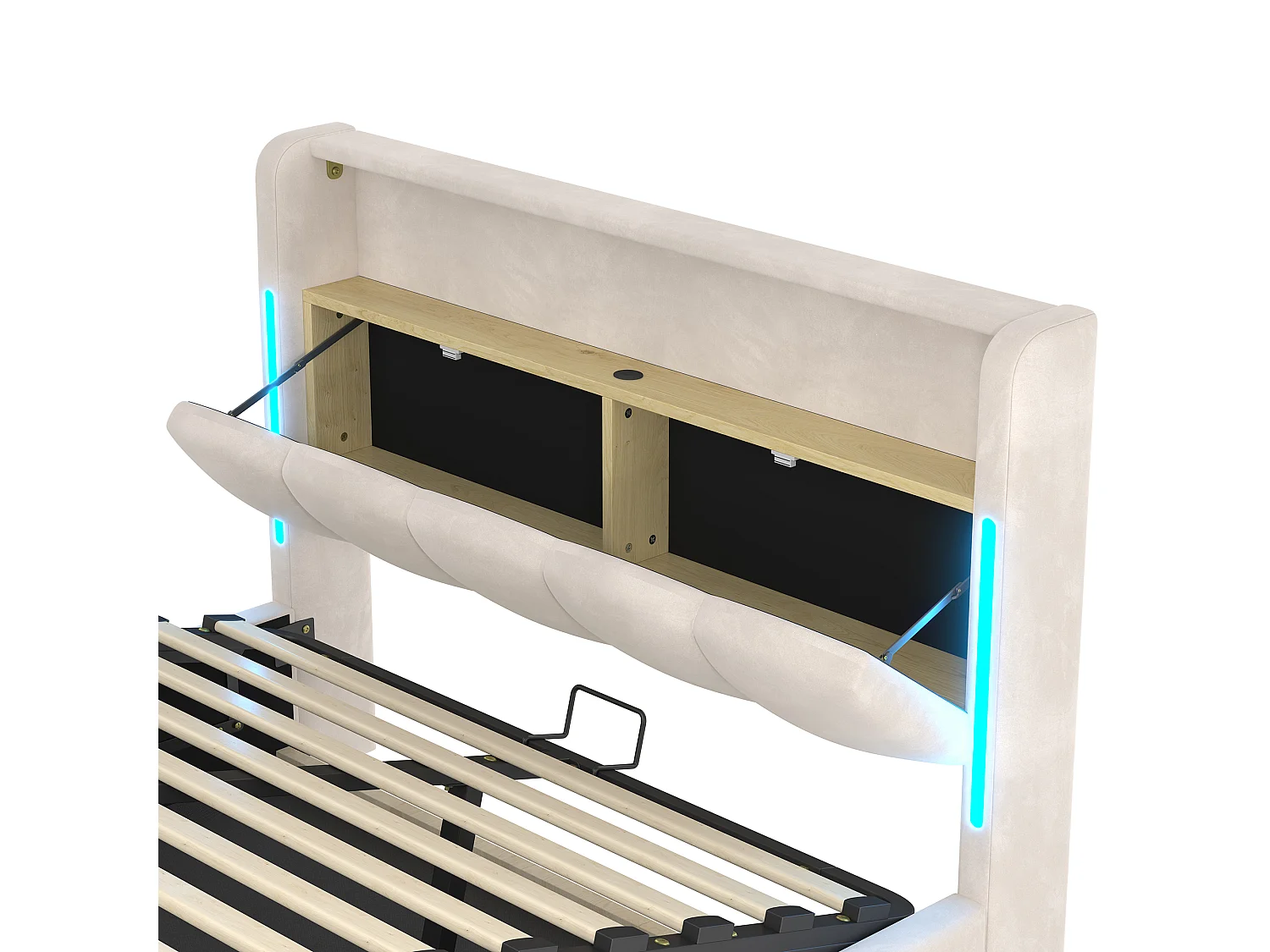 Lit coffre rembourré 140x200 cm - avec éclairage LED - avec ports USB + Type-C - velours - beige (matelas non inclus)