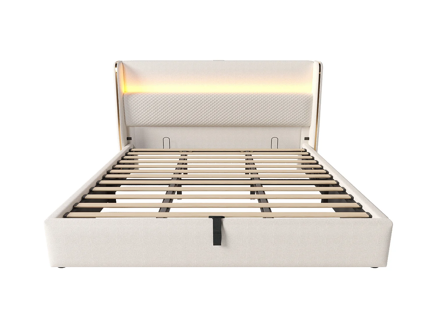 Lit coffre rembourré 180x200cm - avec éclairage LED - avec ports USB et Type-C - tissu en Lin - Beige (sans matelas)